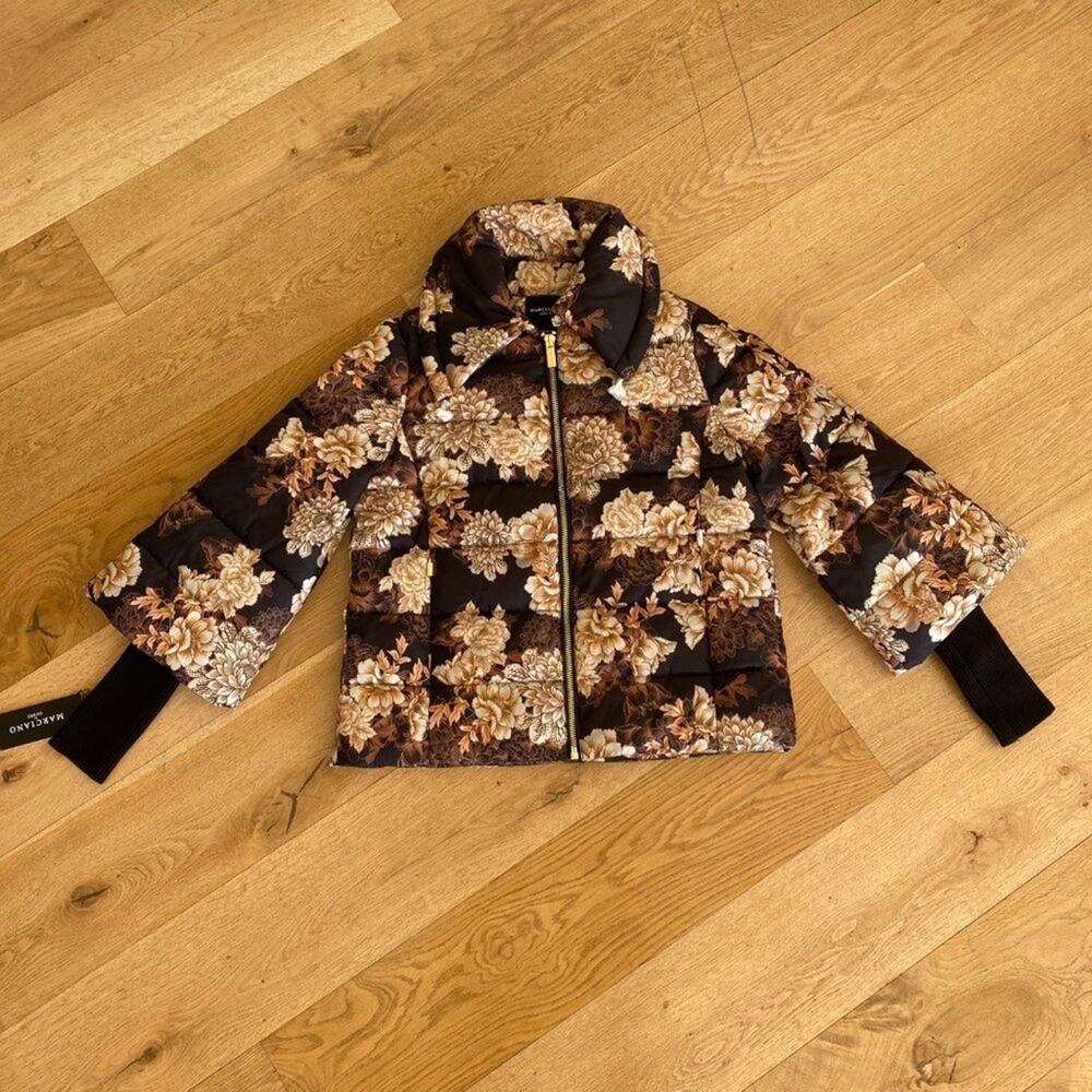 Marciano by Guess Sharon Puffer Jacket in After Dark Floral Black and Tan